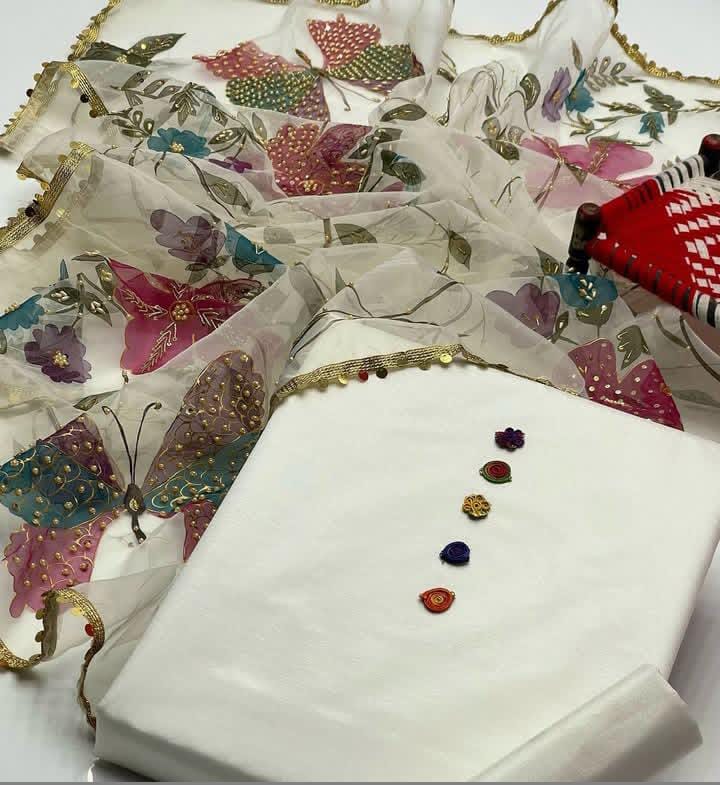 03 Piece Dress 👗 Kathan Silk Fabric Handmade Work Shirt (Sleeves Embroided)