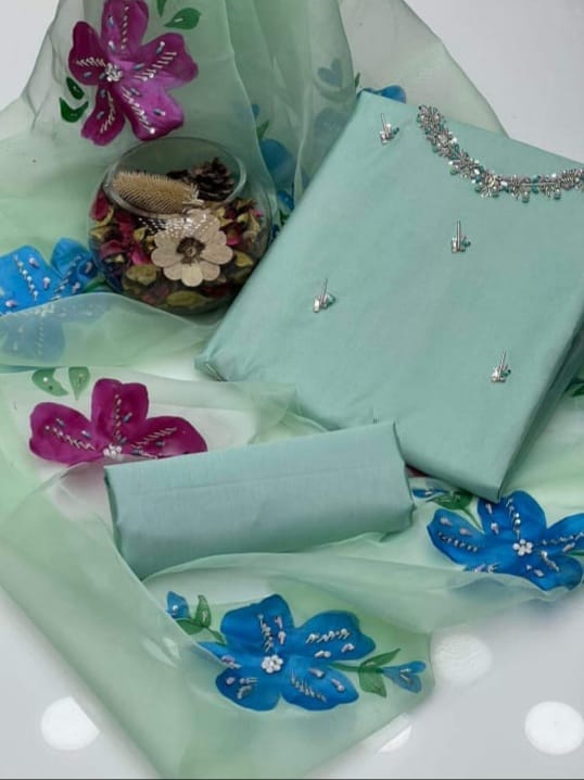 03 Piece Dress 👗 Kathan Silk Fabric Handmade Work Shirt (Sleeves Embroided)