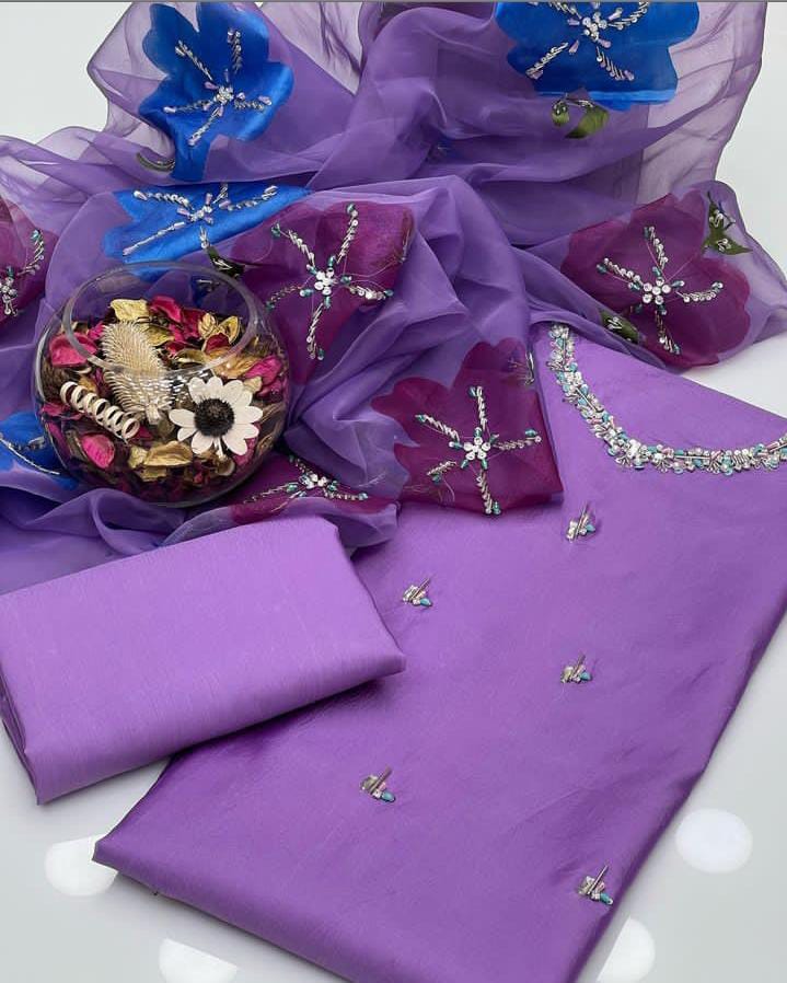 03 Piece Dress 👗 Kathan Silk Fabric Handmade Work Shirt (Sleeves Embroided)