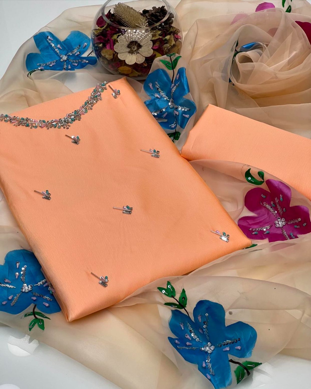 03 Piece Dress 👗 Kathan Silk Fabric Handmade Work Shirt (Sleeves Embroided)