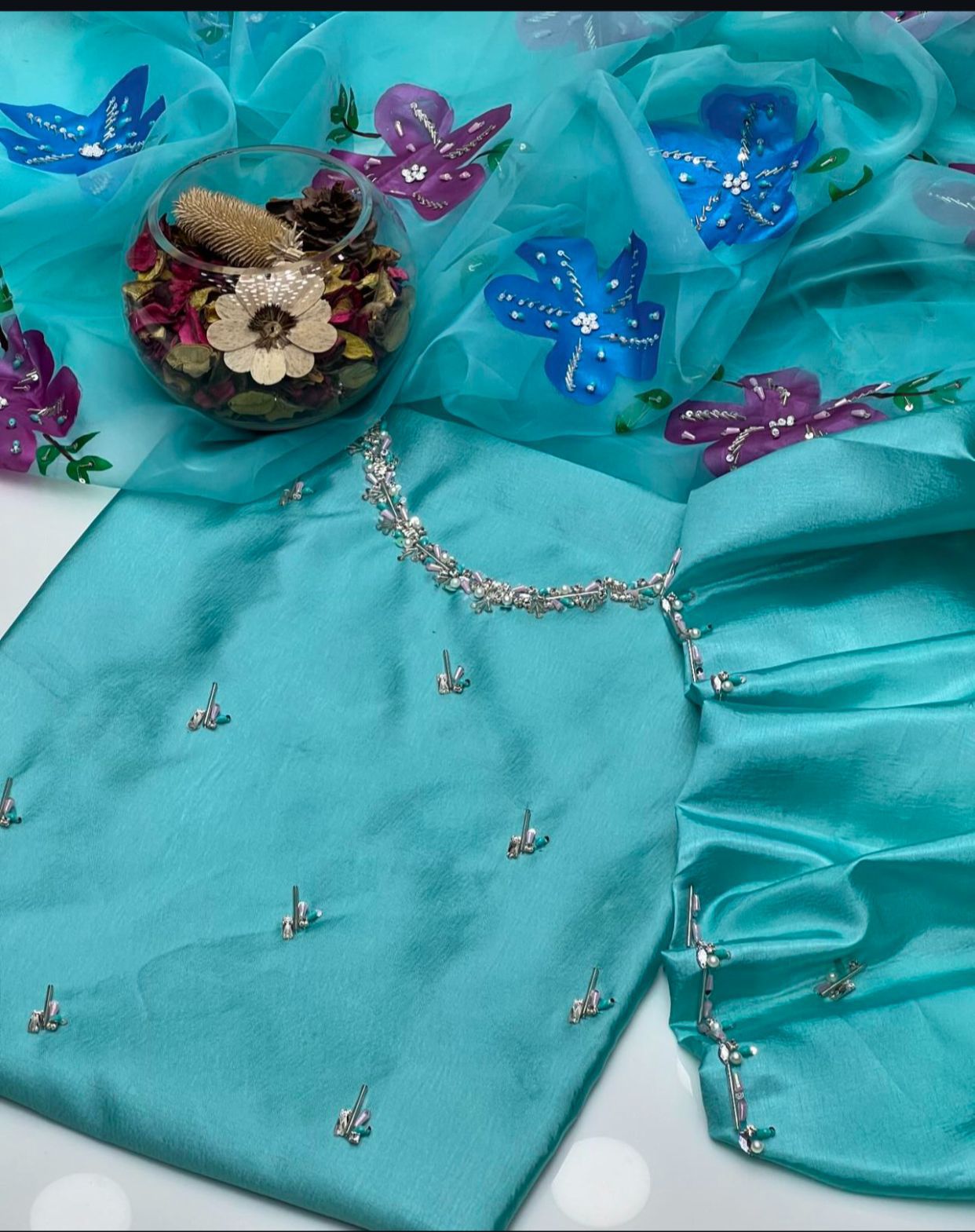 03 Piece Dress 👗 Kathan Silk Fabric Handmade Work Shirt (Sleeves Embroided)