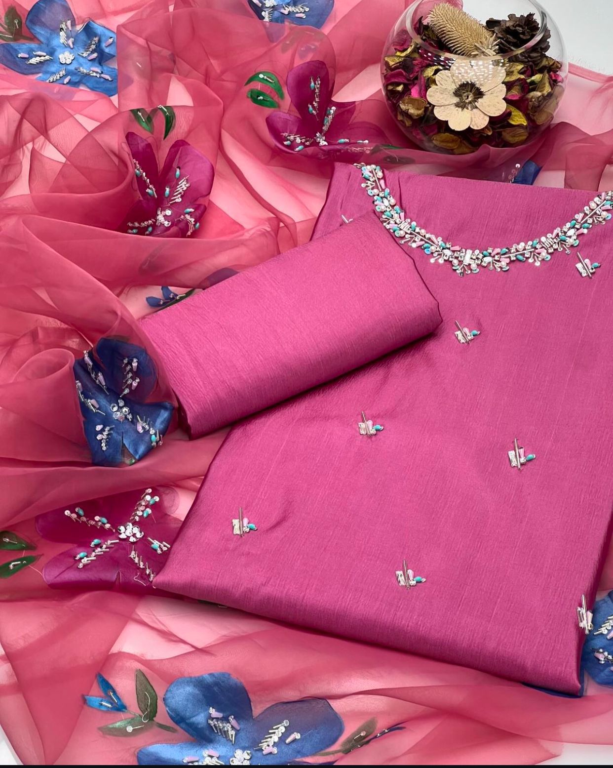 03 Piece Dress 👗 Kathan Silk Fabric Handmade Work Shirt (Sleeves Embroided)