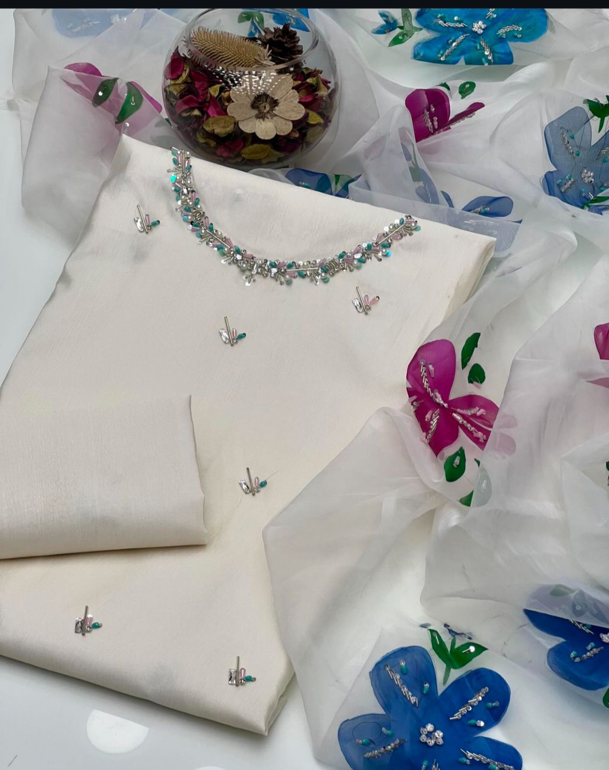 03 Piece Dress 👗 Kathan Silk Fabric Handmade Work Shirt (Sleeves Embroided)