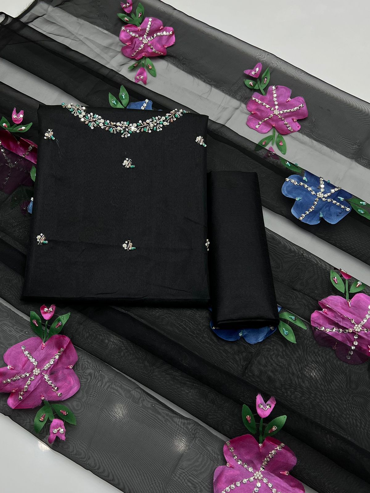 03 Piece Dress 👗 Kathan Silk Fabric Handmade Work Shirt (Sleeves Embroided)