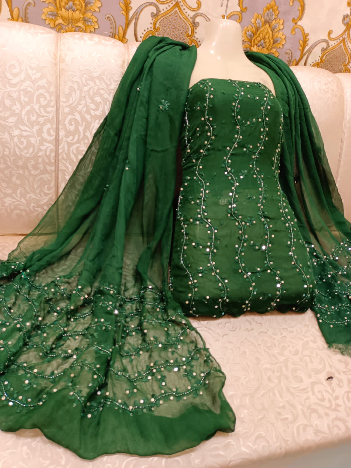 Stuff shafoon  Handmade  Ahmad Puri dorri sitara   2 border dupatta boti 2 piece suits
