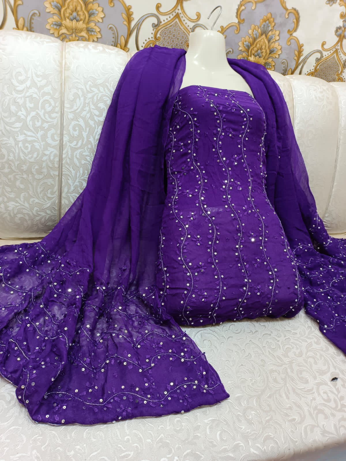 Stuff shafoon  Handmade  Ahmad Puri dorri sitara   2 border dupatta boti 2 piece suits