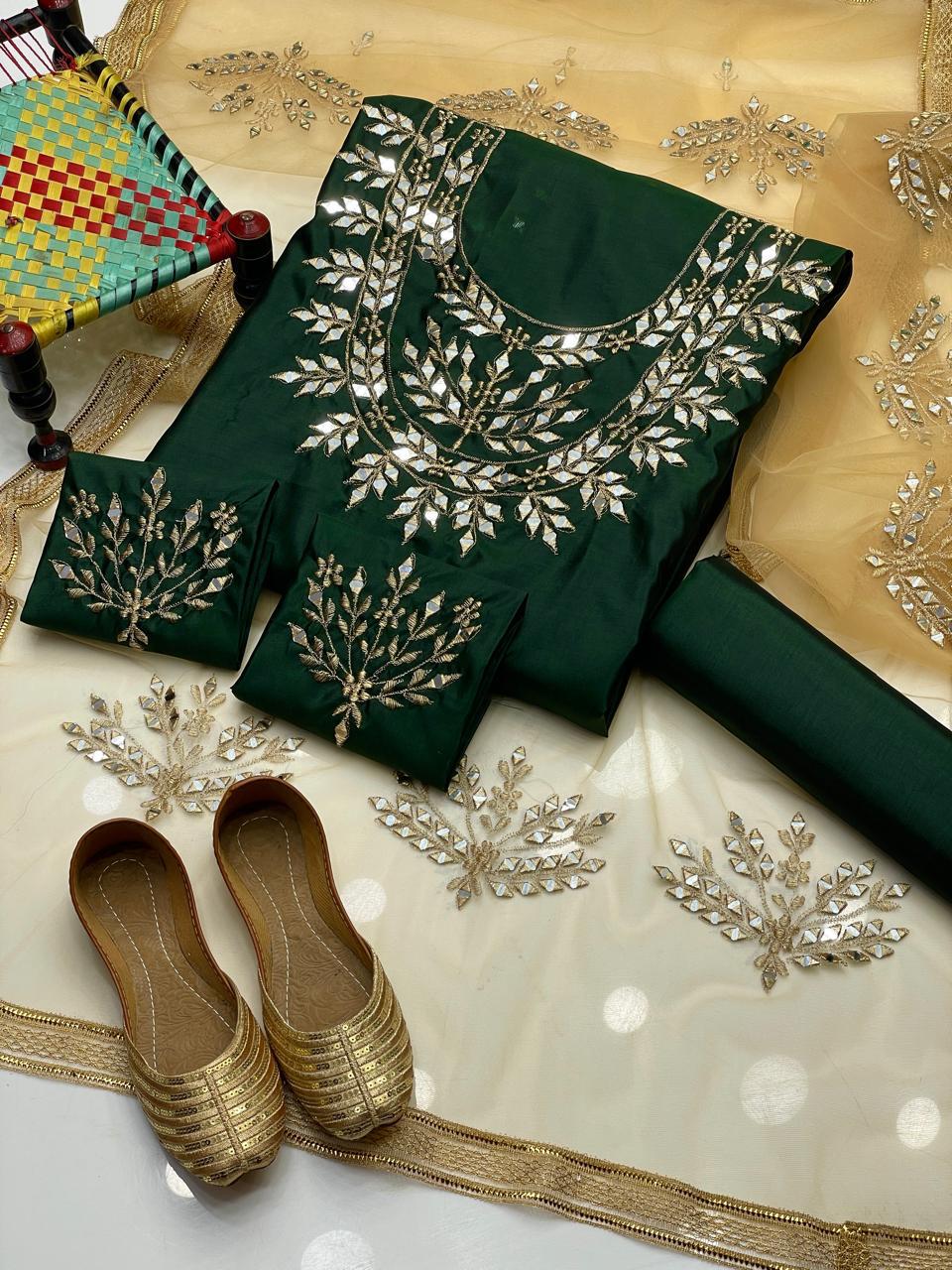 Pure kattan silk heavy mirror work embroidery shirt bazo embroidery