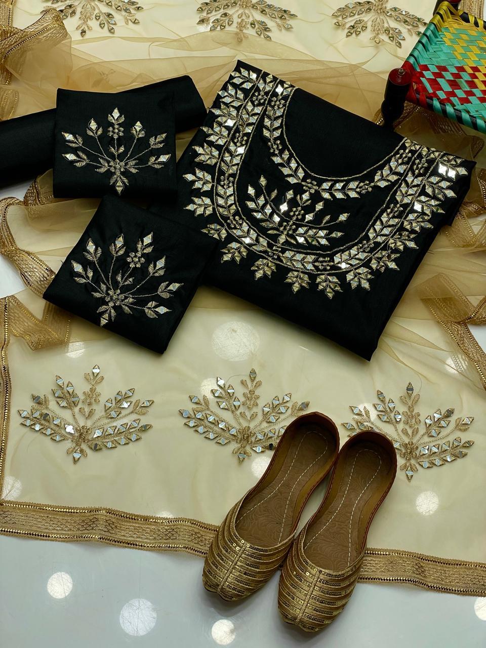 Pure kattan silk heavy mirror work embroidery shirt bazo embroidery