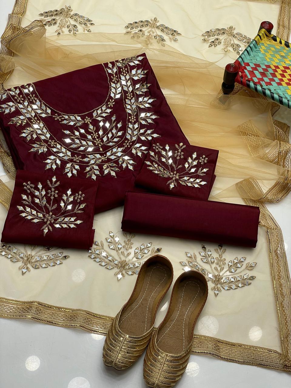 Pure kattan silk heavy mirror work embroidery shirt bazo embroidery
