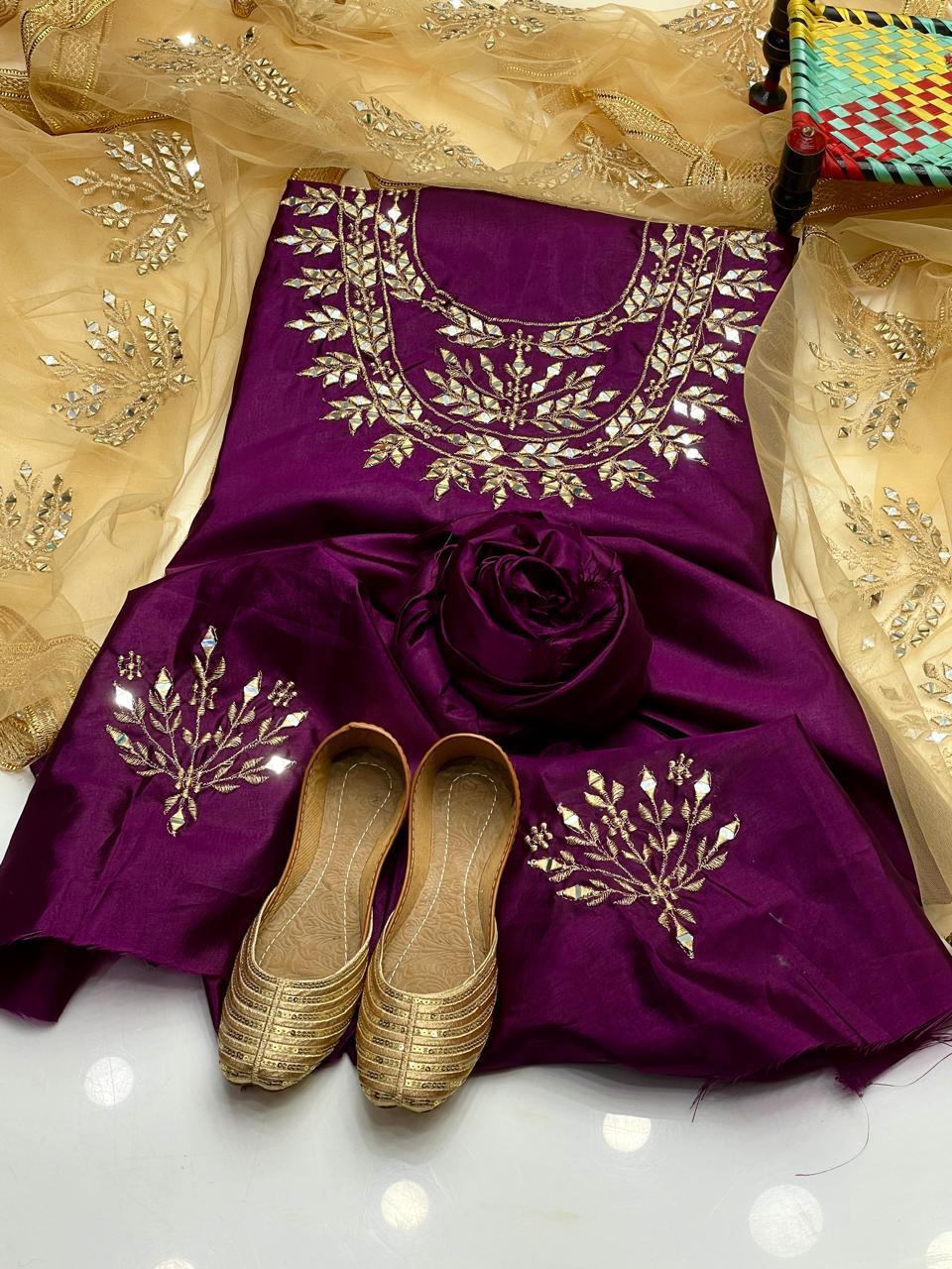 Pure kattan silk heavy mirror work embroidery shirt bazo embroidery