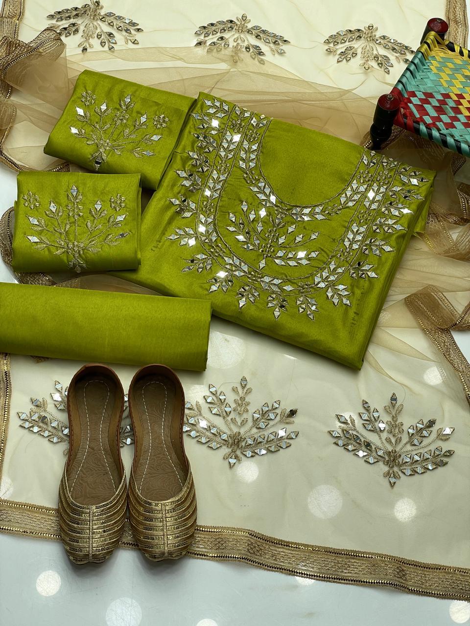 Pure kattan silk heavy mirror work embroidery shirt bazo embroidery